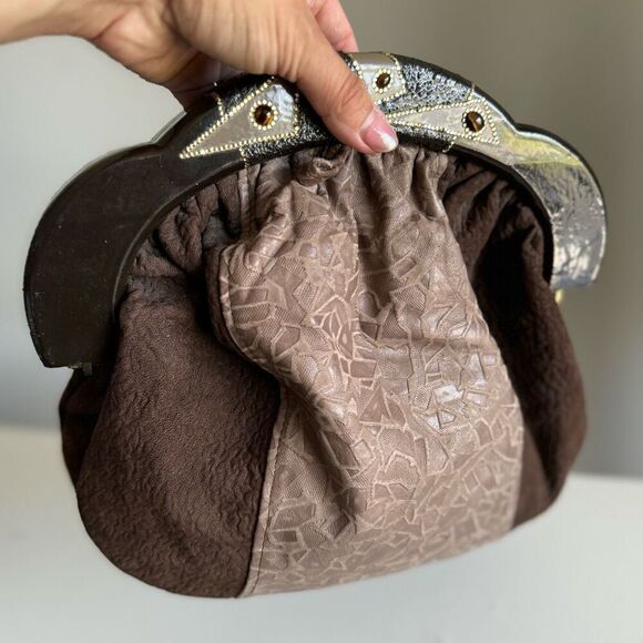 Vintage Patchwork Leather Wooden Handle Clutch With Stones - Picture 1 of 11